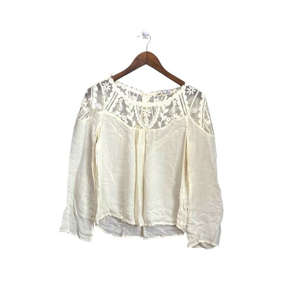 Jolt Cream Long Sleeve Blouse with Embroidered Sheer Lace Yoke & Back Button Sm - Picture 1 of 5